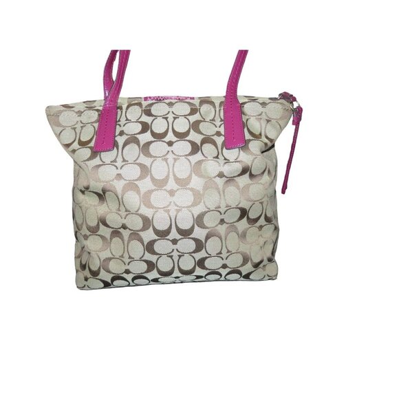 Coach Raspberry Pink & Tan Signature Logo Patent Python Embossed Leather Handbag - Picture 2 of 14